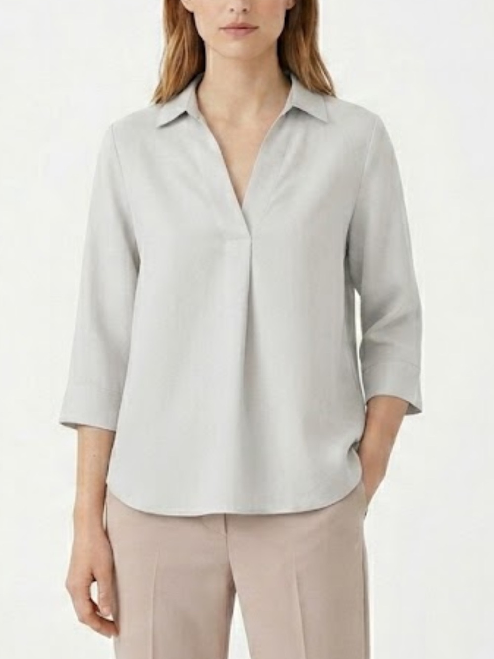 Uniqlo Linen Tunic Top 3/4 Sleeves Notched V-Neck Light Gray Size Xl